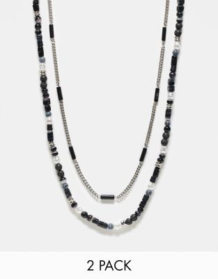 Asos Design 2 Pack Semi-precious Beaded Necklace In Black Tone