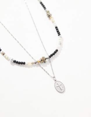 Asos Design 2 Pack Semi-precious Beaded Necklace With Stainless Steel Cross Coin Pendant In Black