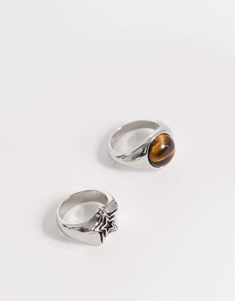 ASOS DESIGN 2 pack semi-precious tigers eye and star signet ring in silver tone - view 1