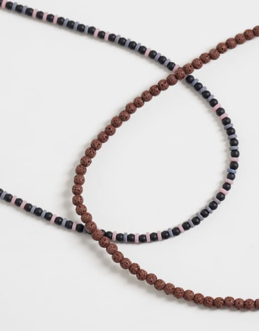 ASOS DESIGN 2 pack semi-precious volcanic rock round beaded necklace in brown, 3 of 4