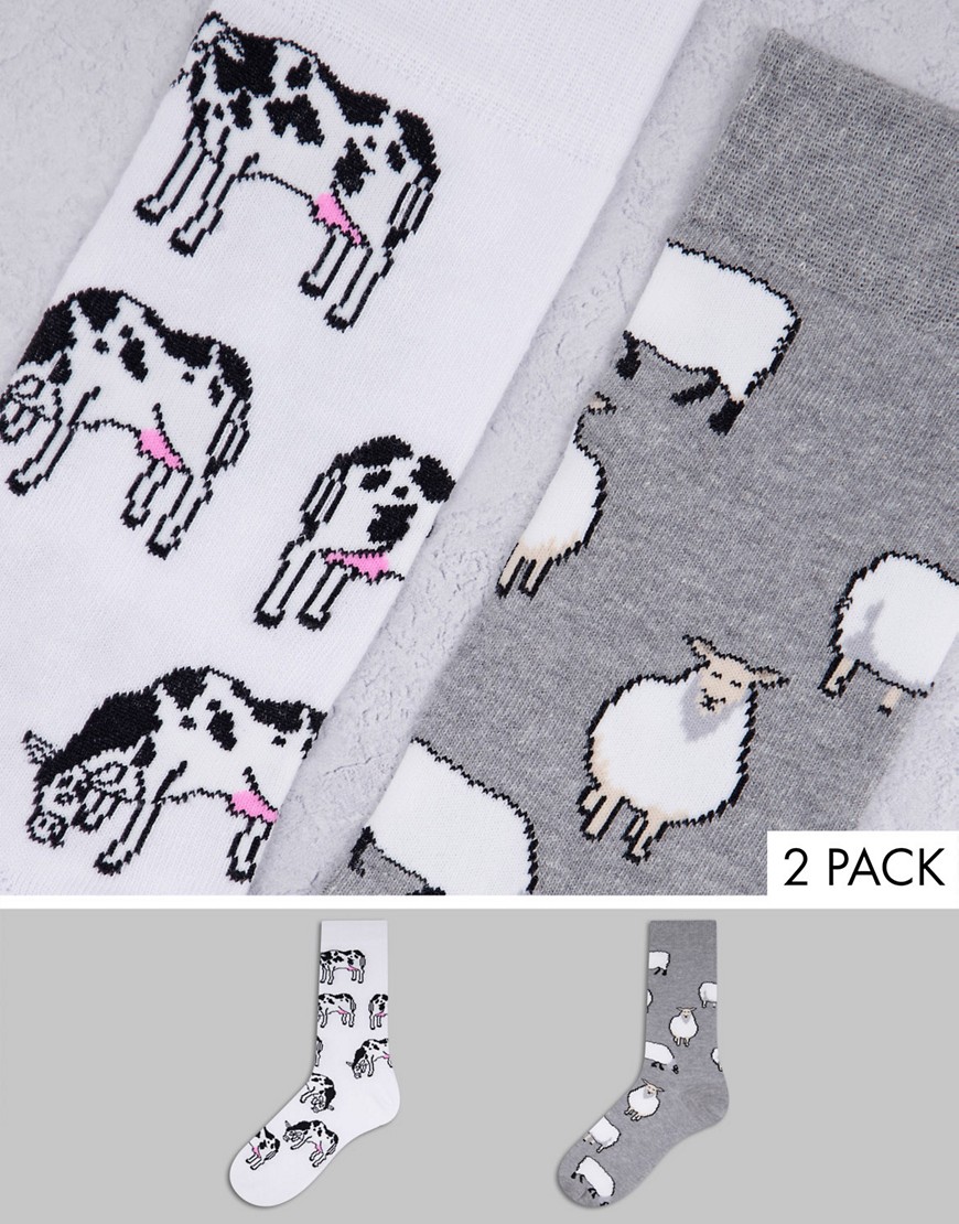 ASOS DESIGN 2 pack sheep and cow ankle socks-Multi