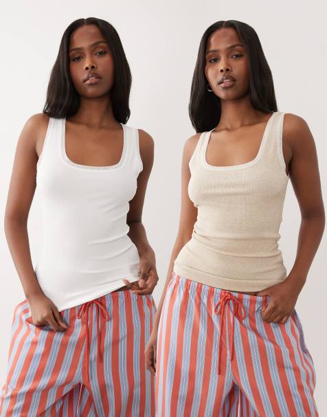 ASOS DESIGN 2 pack singlet pyjama tops with mesh trim in white & oatmeal - view 1