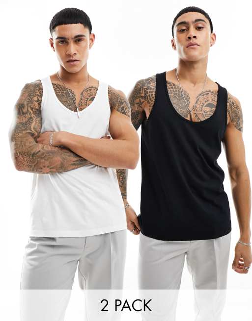 ASOS DESIGN 2 pack singlet with scoop neck in black and white
