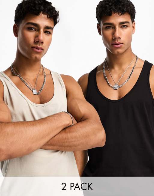 ASOS DESIGN 2 pack singlet with scoop neck in washed black and ecru