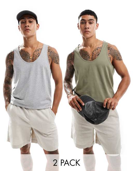 ASOS DESIGN 2 pack singlets in khaki and grey marl