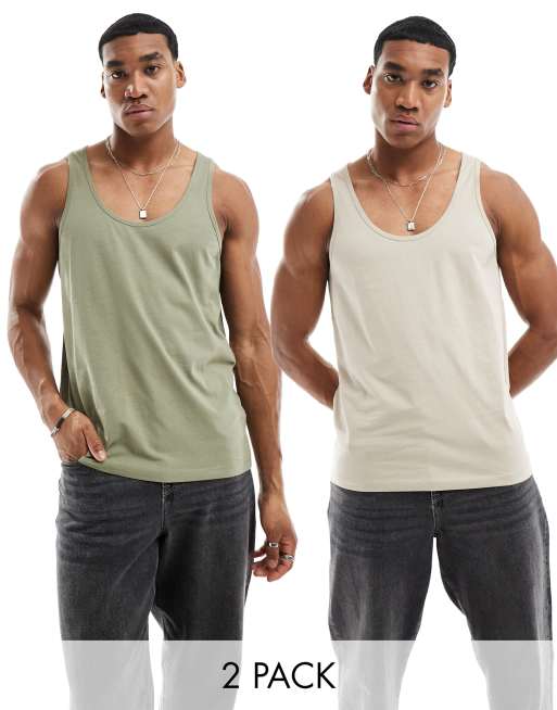 ASOS DESIGN 2 pack singlets in stone and khaki