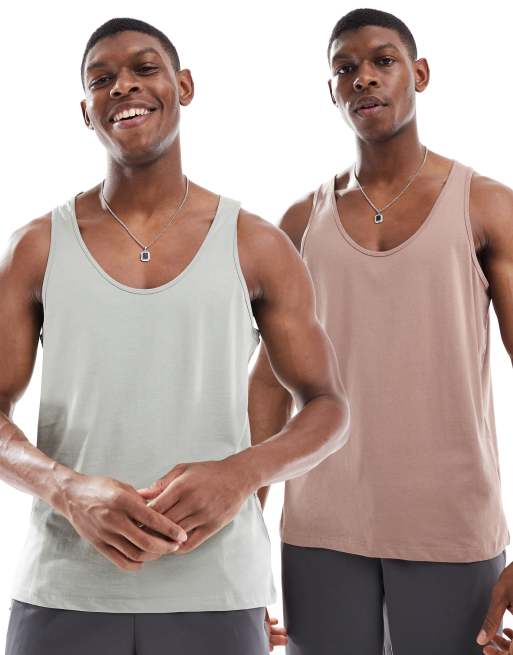 ASOS DESIGN 2 pack singlets in washed green and brown