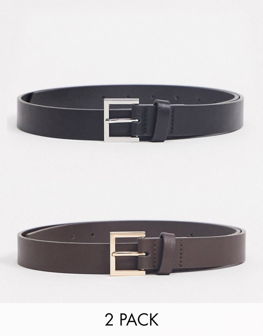 ASOS DESIGN skinny faux leather belt pack with silver and gold buckles in black and brown
