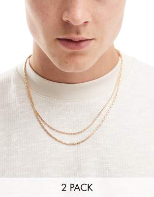 Asos Design 2 Pack Skinny Chain Necklace Set In Gold Tone