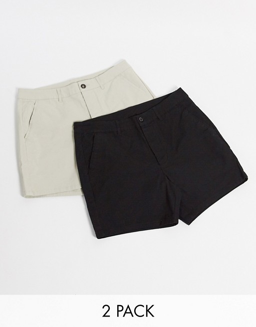 ASOS DESIGN 2 pack skinny chino shorter shorts in beige & black save