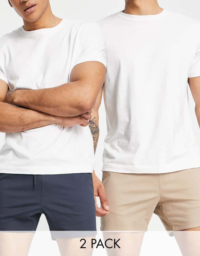 ASOS DESIGN 2 pack skinny chino shorts in beige and navy save