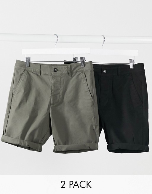 ASOS DESIGN 2 pack skinny chino shorts in khaki & black save