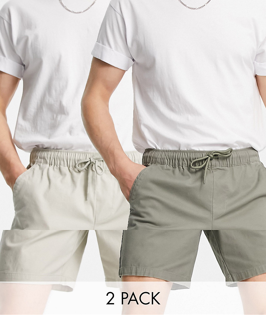 ASOS DESIGN 2 pack skinny chino shorts in khaki & stone save-Multi