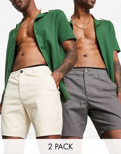 ASOS DESIGN 2 pack skinny chino shorts in mid length in beige and charcoal 
