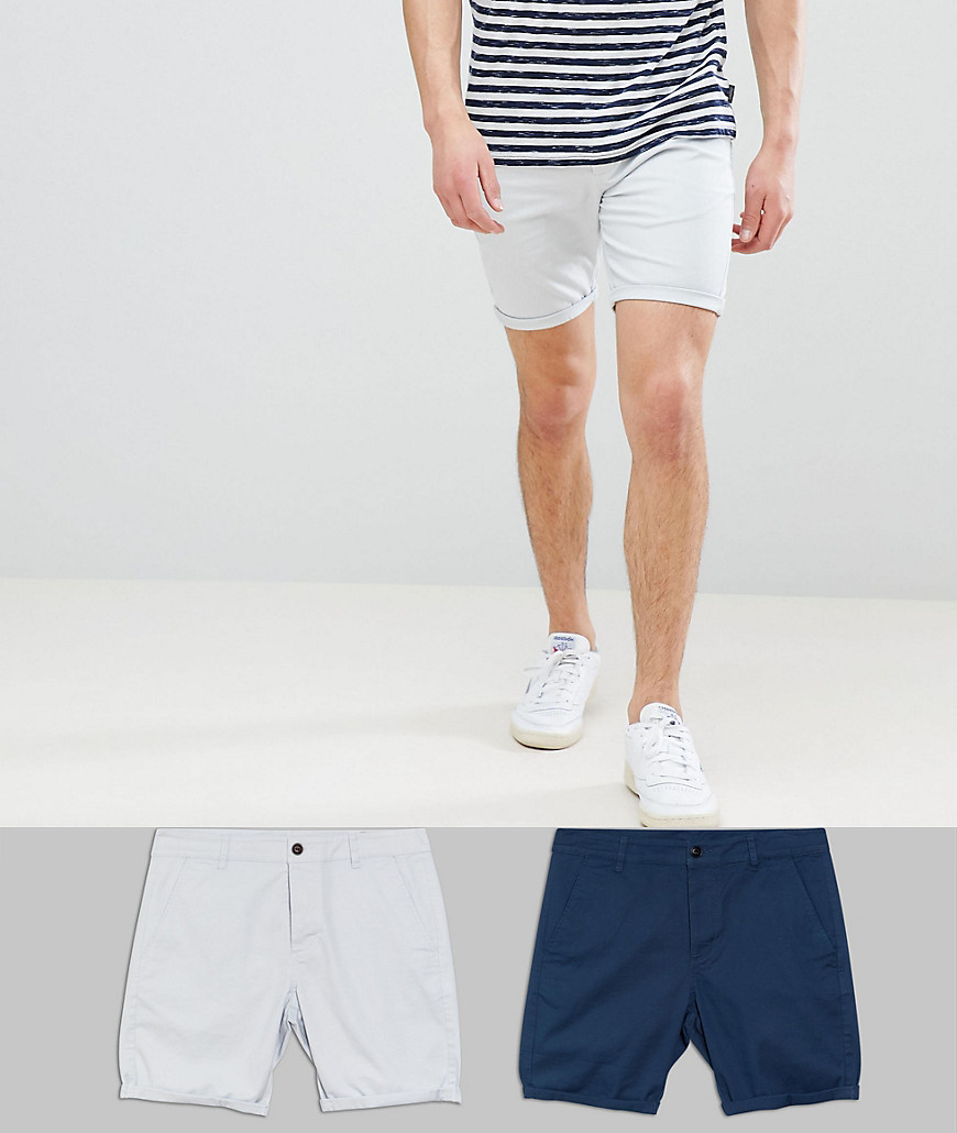Asos Design 2 Pack Skinny Chino Shorts In Midnight Blue & Ice Gray Save-multi In White