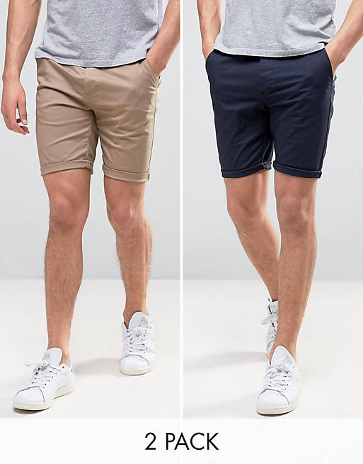ASOS DESIGN 2 pack skinny chino shorts in navy & stone save