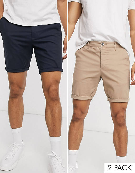 ASOS DESIGN 2 pack skinny chino shorts in stone & navy save | ASOS