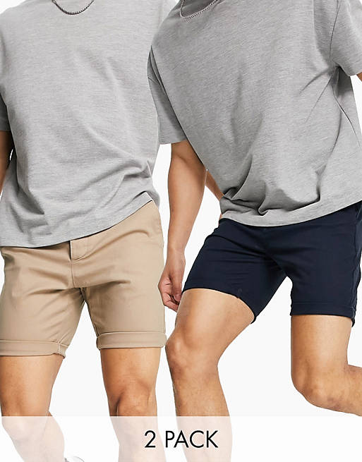 ASOS DESIGN 2 pack skinny chino shorts in stone & navy save - MULTI