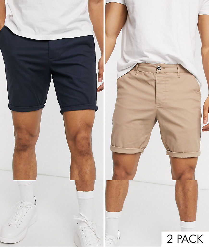 ASOS DESIGN 2 pack skinny chino shorts in stone & navy-Multi