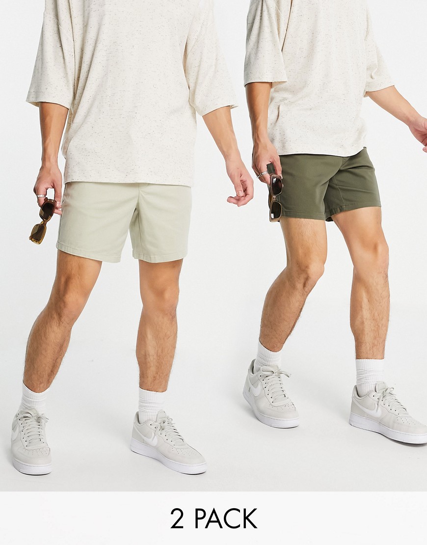 ASOS DESIGN 2 pack skinny chino shorts with elasticated waist in khaki and beige-Multi