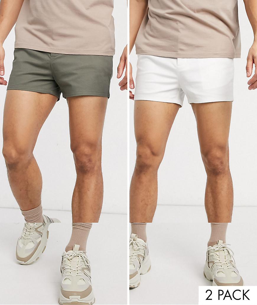 ASOS DESIGN 2 pack skinny chino super short shorts in khaki & white save-Multi