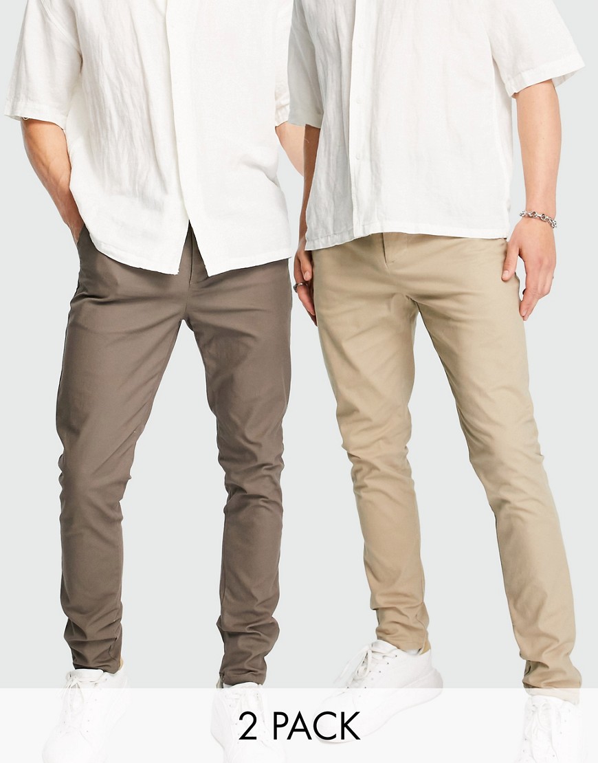 ASOS DESIGN 2 pack skinny chinos in brown and beige save-Multi