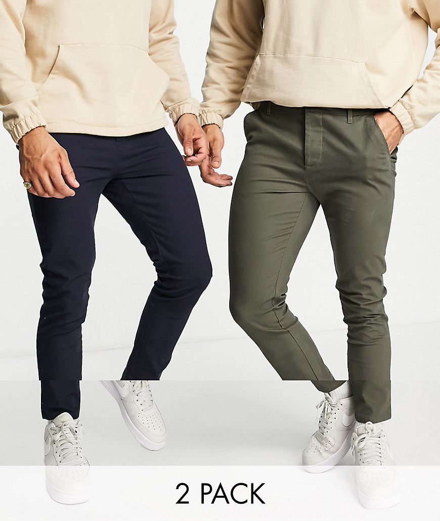 ASOS DESIGN 2-pack skinny chinos in khaki and navy - Save-Multi