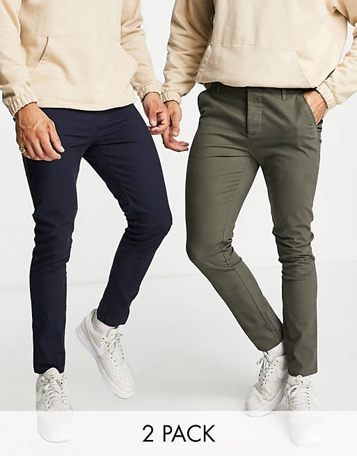 ASOS DESIGN 2-pack skinny chinos in khaki and navy - Save!