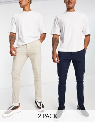 ASOS DESIGN 2 pack skinny chinos in light beige and navy save-Multi