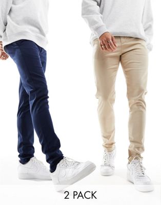 Asos Design 2 Pack Skinny Chinos In Navy And Stone-multi