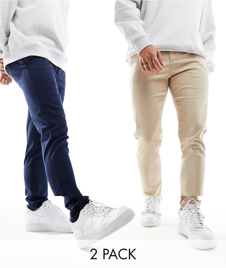 ASOS DESIGN 2 pack skinny chinos in navy and stone-Multi