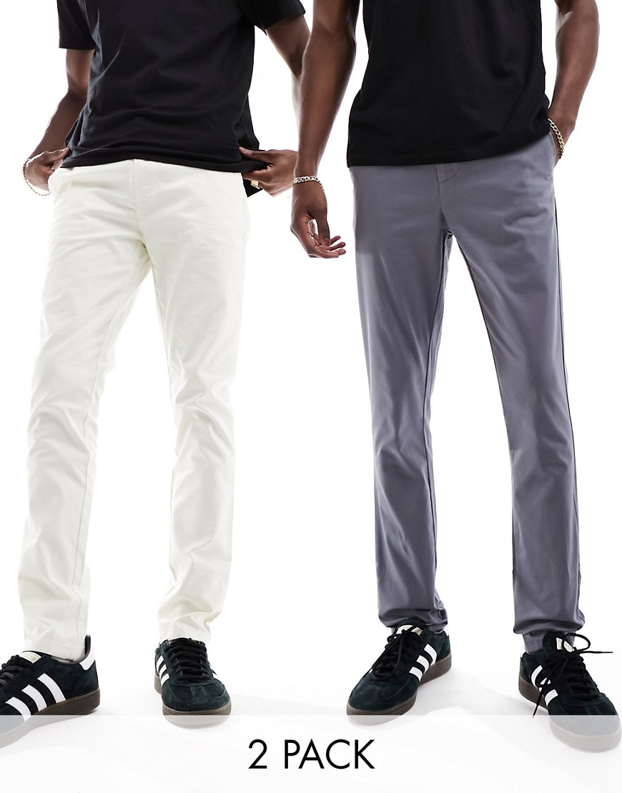 ASOS DESIGN 2 pack skinny chinos in off white and charcoal-Multi