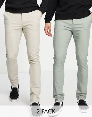 ASOS DESIGN 2 pack skinny chinos in sage green and light beige  - ASOS Price Checker