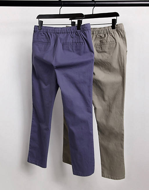 Trousers & Chinos 2 pack skinny chinos with elastic waist in blue & dark beige save 