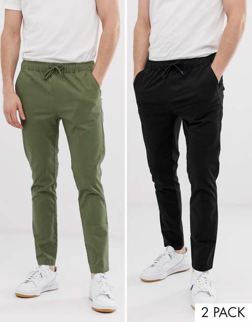 ASOS DESIGN 2 pack skinny chinos with elastic waist in khaki & black save