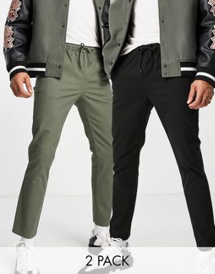 ASOS DESIGN 2 pack skinny chinos with elasticated waist in washed green and black save