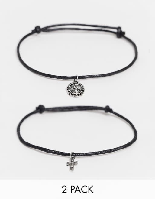 ASOS DESIGN 2 pack skinny cord bracelet with pendants in black ASOS