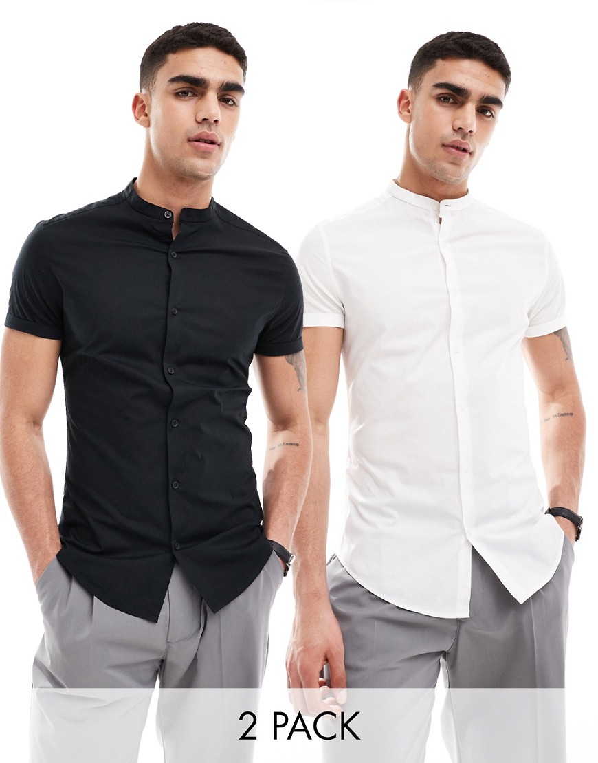 Asos Design 2 Pack Skinny Fit Band Collar Shirt With Roll Sleeves In White/black-multi