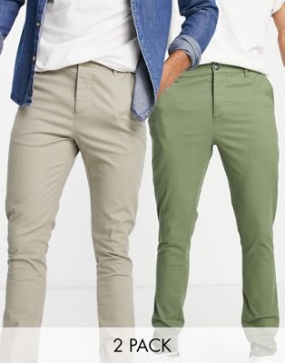 ASOS DESIGN 2 pack skinny fit chinos in beige and khaki save