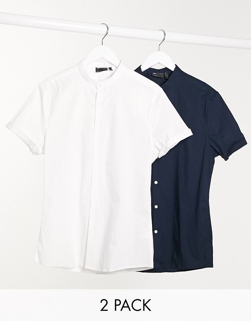 ASOS DESIGN 2 pack skinny fit shirt with grandad collar in white/black save