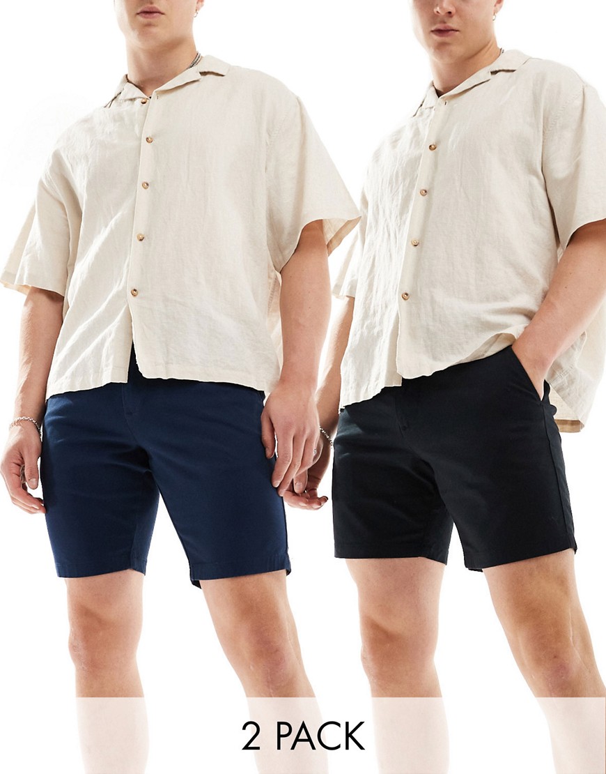 2 pack skinny mid length chino shorts in black and navy