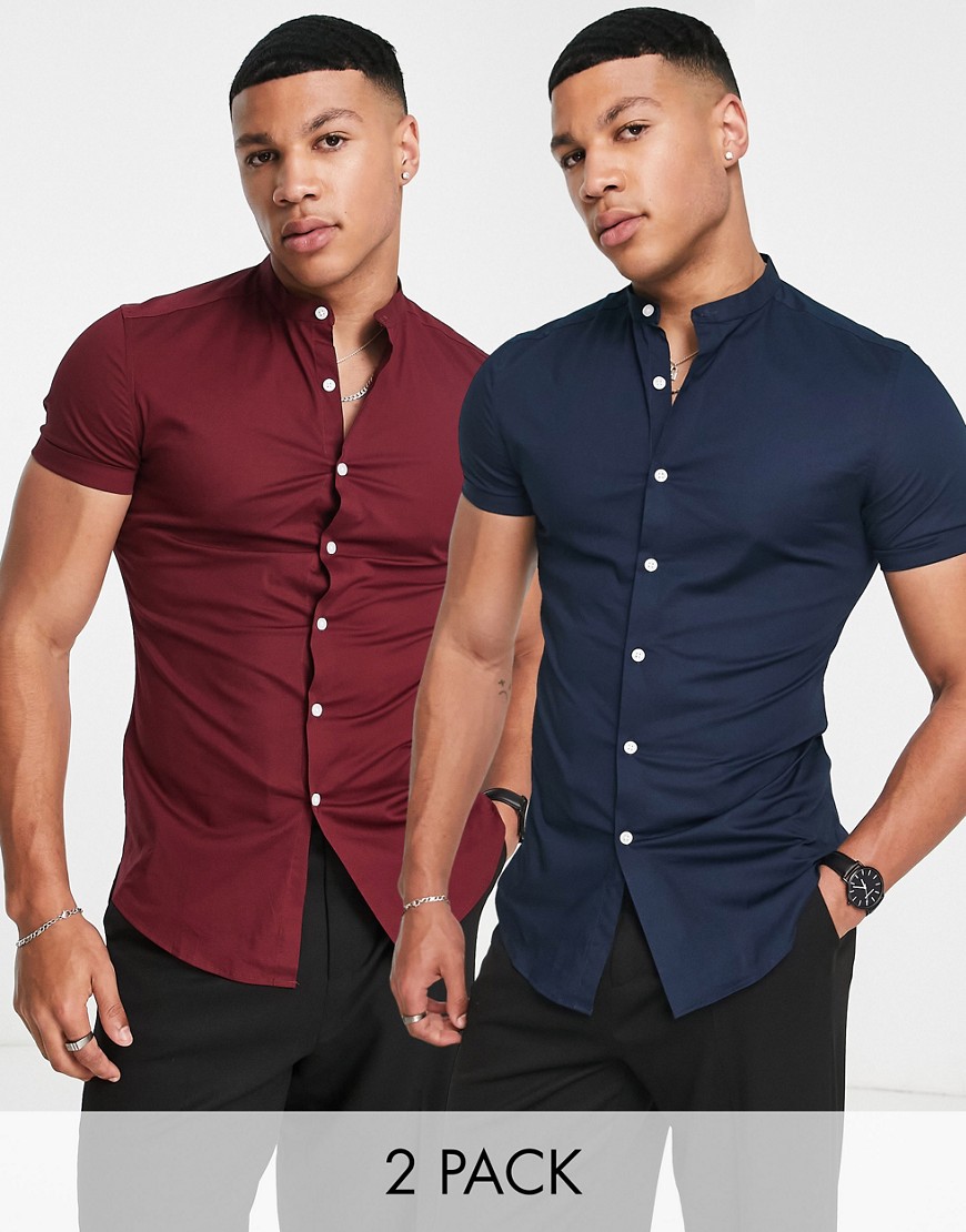 ASOS DESIGN 2 pack skinny shirt with grandad collar in navy / burgundy-Multi