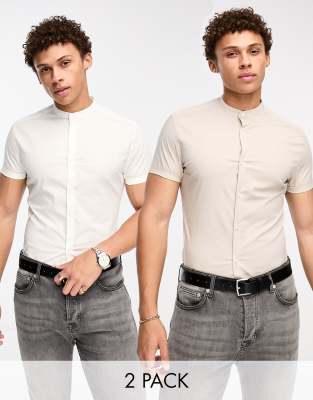 ASOS DESIGN 2 pack skinny shirt with grandad collar in white/taupe - ASOS Price Checker