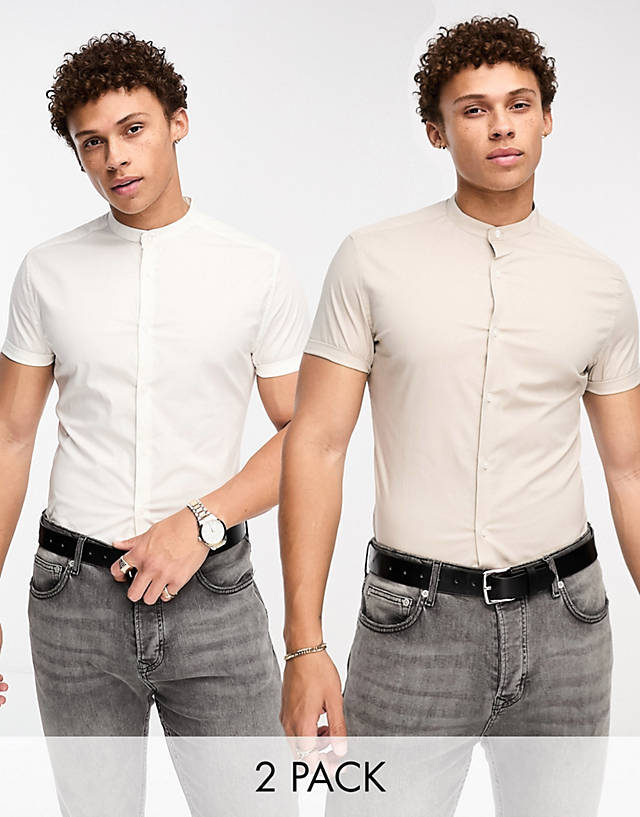 ASOS DESIGN - 2 pack skinny shirt with grandad collar in white/taupe