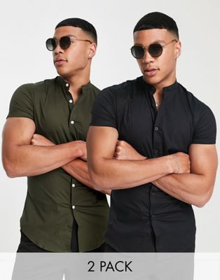 Asos Design 2-pack Skinny Shirts With Grandad Collar In Khaki/black-multi