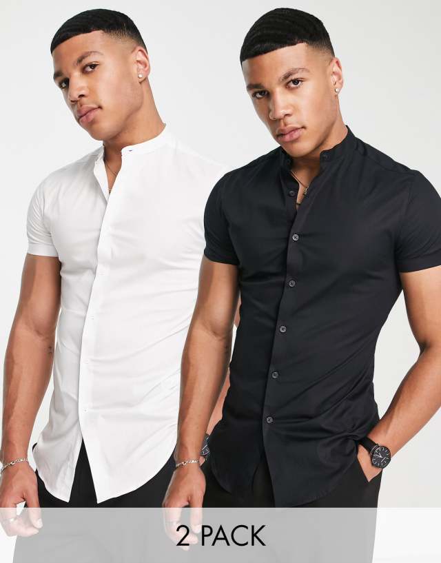 ASOS DESIGN 2-pack skinny shirts with grandad collar in white/black