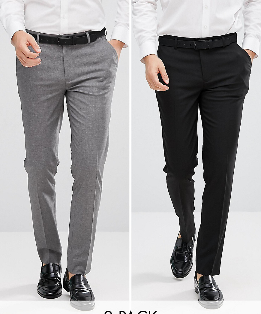 ASOS DESIGN 2 pack skinny smart trousers in black and grey SAVE-Multi