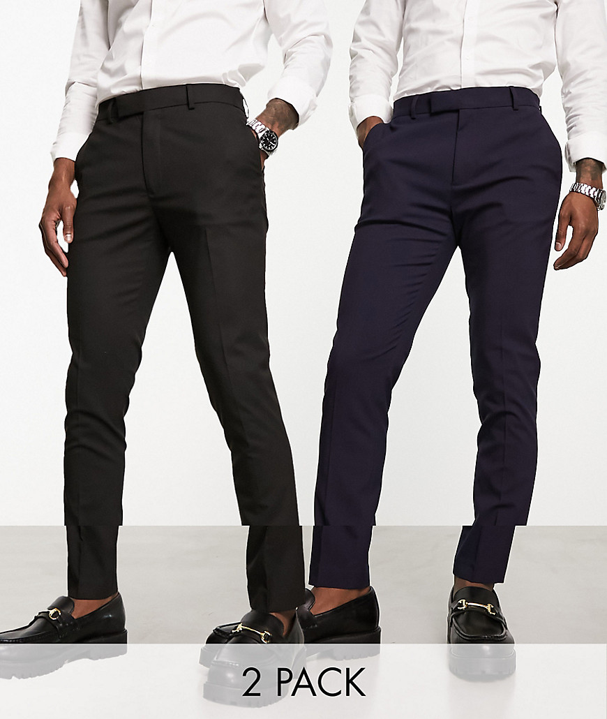 ASOS DESIGN 2 pack skinny smart trousers in black and navy-Multi