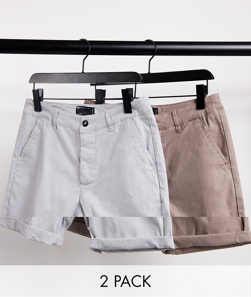 ASOS DESIGN 2 pack slim chino shorts in beige & stone save-Multi