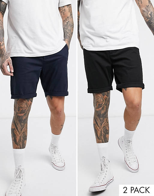 ASOS DESIGN 2 pack slim chino shorts in black & navy save